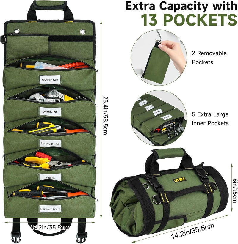 LEFORZ Tool Bag,Large Roll Up Tool Bag Organizer,13 Pockets Tool Roll Storage Pouch,Heavy Duty Portable Tool Storage Carrier Bag for Men,Mechanic,Electrician & Hobbyist,Green - Image 4